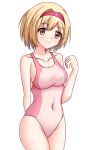  1girl blonde_hair brown_eyes collarbone competition_swimsuit covered_navel cowboy_shot djeeta_(granblue_fantasy) granblue_fantasy hairband highres medium_hair one-piece_swimsuit pink_one-piece_swimsuit red_hairband short_hair simple_background smile solo split_mouth swimsuit tamba_i two-tone_swimsuit white_background 