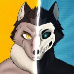 antares_alexanyel antares_lagos_de_muertos black_body blue_eyes bone brown_body canid canine canis heterochromia humanoid low_res male mammal mexican_mythology mexican_wolf nahual neck_tuft skull skull_head solo tuft wolf yellow_eyes