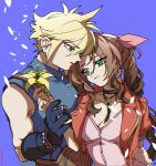  1boy 1girl aerith_gainsborough bangle belt black_gloves blonde_hair blue_background blue_shirt blush bracelet braid braided_ponytail breasts brown_belt brown_hair choker cleavage closed_mouth cloud_strife dress final_fantasy final_fantasy_vii final_fantasy_vii_remake flower flower_choker gloves green_eyes hair_between_eyes hair_ribbon highres holding holding_another&#039;s_wrist holding_flower jacket jewelry lily_(flower) long_hair medium_breasts mi_cha_iru parted_bangs parted_lips pink_dress pink_ribbon red_jacket ribbon shirt short_hair short_sleeves sidelocks single_bare_shoulder single_braid sleeveless sleeveless_turtleneck spiked_hair suspenders turtleneck upper_body wavy_hair yellow_flower 