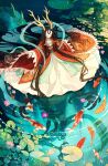  1girl absurdly_long_hair animal antlers artist_name blue_background blue_shawl brown_hair centauroid claws closed_eyes dragon_girl dragon_print dragon_tail dress fish floating_hair flower full_body hands_up highres hinata_(echoloveloli) horns koi lily_pad long_hair long_sleeves lotus monster_girl original outdoors outstretched_arms partially_submerged pink_flower pond red_dress ripples see-through_shawl shawl solo swimming tail taur very_long_hair water white_dress wide_sleeves 