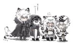  1boy 1other 2girls animal_ear_fluff animal_ears annoyed arknights black_coat black_footwear black_jacket black_necktie black_shirt black_shorts blush bright_pupils cabbie_hat chibi cliffheart_(arknights) coat commentary_request doctor_(arknights) earrings embarrassed empty_eyes fur-trimmed_coat fur_trim grey_eyes hat head_chain highres holding_another&#039;s_tail holding_own_tail hood hood_up hooded_jacket jacket jealous jewelry leopard_boy leopard_ears leopard_tail mask multiple_girls necktie nervous pramanix_(arknights) shirt shorts silverash_(arknights) simple_background sleeveless sleeveless_jacket smelling soppos surprised tail tail_slapping tassel tassel_earrings translated white_background white_hair white_headwear white_jacket white_pupils 