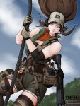  1girl absurdres artist_name ascot assault_rifle baseball_cap blue_eyes brown_hair cm901_(girls&#039;_frontline) colt_cm901 cowboy_shot english_commentary floating_hair girls&#039;_frontline gloves green_shorts gun hanging hat highres long_hair magazine_(weapon) mechanix_wear orange_ascot parted_lips rifle rope short_shorts shorts solo vm_flashback weapon 