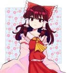  1girl absurdres blue_background border bow brown_eyes brown_hair detached_sleeves expressionless floral_background flower hair_bow hakurei_reimu highres jacket jazonyan nontraditional_miko orange_flower pink_flower red_bow red_jacket red_skirt skirt sleeveless sleeveless_jacket solo touhou white_border white_sleeves 