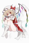  1girl ascot blonde_hair blush bow crossed_arms crystal dithering dot_mouth flandre_scarlet gil_(gil_261) hair_between_eyes hat hat_bow highres hugging_own_legs kneehighs mob_cap multicolored_wings no_nose no_panties pixel_art red_bow red_eyes red_skirt red_vest side_ponytail single_blush_sticker sitting skirt skirt_set socks solo touhou vest white_background white_headwear white_socks wings yellow_ascot 