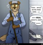 anthro bodily_fluids brown_hair canid canine canis cleaning_tool clothed clothing cole_(granitemcgee) dialogue domestic_dog english_text facial_hair fully_clothed granitemcgee hair hat headgear headwear hi_res hiding inside janitor lagomorph leporid lucas_(granitemcgee) male male/male mammal mop mustache overals rabbit shirt shower speech_bubble sweat sweatdrop text topwear url voyeur wolf