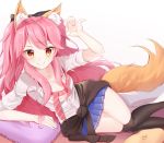  animal_ears black_legwear blush breasts cleavage clothes_around_waist collarbone fate/extella fate/extra fate/grand_order fate_(series) fox_ears fox_tail highres jacket_around_waist kayo_(skc08049) large_breasts long_hair looking_at_viewer lying on_side pink_hair school_uniform shirt skirt smile solo tail tamamo_(fate)_(all) tamamo_jk_(fate) twintails unbuttoned yellow_eyes 