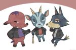  3boys animal_crossing artist_name baseball_bat black_eyes black_jacket brown_horns bruce_(animal_crossing) buttons closed_mouth commentary_request cyd_(animal_crossing) deer_boy elephant_boy furry furry_male grey_shirt grin hand_on_own_hip hand_up highres holding holding_baseball_bat horns jacket kaji_(oni_atat) long_sleeves looking_at_viewer male_focus multiple_boys open_clothes open_jacket open_mouth purple_hair purple_shirt red_background red_shirt shirt simple_background smile smirk twitter_username two-tone_background v-shaped_eyebrows white_background wolf_boy wolfgang_(animal_crossing) 