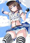  1girl abs blue_eyes breasts brown_hair cloud highres looking_at_viewer love_live! love_live!_sunshine!! midriff navel parisnoko short_hair shorts solo thighs watanabe_you water wavy_hair 