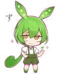  1girl :3 \n/ animal_ears babayaga_13lood chibi full_body green_hair green_shorts hair_between_eyes hand_on_own_hip highres long_hair looking_at_viewer orange_eyes pea_pod shirt short_sleeves shorts simple_background sparkle standing suspender_shorts suspenders voicevox white_background white_shirt zundamon 