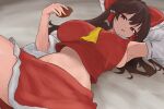  1girl armpits ascot black_eyes black_hair bow breasts commentary_request detached_sleeves food hair_bow hair_tubes hakurei_reimu highres holding holding_food large_breasts long_hair looking_at_viewer moriforest1040 navel on_bed red_bow red_shirt red_skirt ribbon-trimmed_sleeves ribbon_trim shirt sideboob sidelocks skirt solo touhou yellow_ascot 