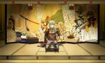  1boy absurdres armor black_necktie blue_hair closed_eyes full_body gloves highres ichigo_hitofuri indoors light_blue_hair male_focus military military_uniform necktie seiza short_hair short_sword shoulder_armor sitting solo sword touken_ranbu uniform weapon white_gloves yue_guang 