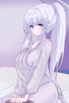  1girl absurdres ash_(cat7evy) blue_archive blush book breasts closed_mouth frilled_sleeves frills grey_hair hair_over_breasts halo highres large_breasts long_hair long_sleeves looking_at_viewer mechanical_halo noa_(blue_archive) pajamas ponytail purple_eyes sidelocks smile solo white_pajamas 