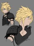  1boy arm_strap armor black_shirt blonde_hair blue_eyes closed_mouth cloud_strife cloud_strife_(battlefiend_garb) cropped_torso final_fantasy final_fantasy_vii final_fantasy_vii_ever_crisis final_fantasy_vii_remake grey_background hair_between_eyes kiki_lala looking_at_viewer looking_to_the_side male_focus official_alternate_costume pectorals shirt short_hair shoulder_armor solo spiked_hair upper_body 