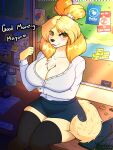 absurd_res animal_crossing anthro blonde_hair blush blush_lines breasts canid canine canis cleavage clothed clothing domestic_dog female flirting fur hair hi_res isabelle_(animal_crossing) legwear looking_at_viewer mammal nintendo office office_clothing office_lady secretary smile smiling_at_viewer solo tail tail_motion tailwag thigh_highs yellow_body yellow_fur yumiiefox