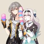  2girls akashicelegy artist_name black_capelet black_hairband bra_strap capelet english_commentary firefly_(honkai:_star_rail) food grey_hair hairband highres honkai:_star_rail honkai_(series) ice_cream ice_cream_cone long_hair medium_hair multicolored_eyes multiple_girls stelle_(honkai:_star_rail) too_many too_many_scoops trailblazer_(honkai:_star_rail) triple_scoop yellow_eyes 