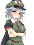  1girl black_cape blush breasts cape closed_mouth collared_shirt commentary_request crossed_arms fujiwara_no_shirogane_no_sanra genderswap genderswap_(otf) green_headwear grey_eyes grey_hair hat highres lactation lactation_through_clothes len&#039;en medium_breasts medium_hair military military_hat military_uniform nose_blush ougi_hina shirt simple_background solo sweat uniform upper_body white_background white_shirt yin_yang 