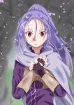  1girl absurdres cloak commentary_request crying crying_with_eyes_open fingerless_gloves gloves hair_ornament hands_on_own_chest highres long_hair mito_(sao) purple_hair red_eyes solo sword_art_online tears xlibertasx 