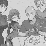  2024 2boys 2girls absurdres artist_name ass bald breasts closed_mouth confetti dress flipped_hair fubuki_(one-punch_man) genos greyscale happy_new_year highres holding large_breasts looking_at_viewer looking_back mogglebear monochrome multiple_boys multiple_girls muscular muscular_male one-punch_man saitama_(one-punch_man) shirt short_hair short_sleeves siblings sisters smile tatsumaki 
