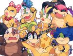  :d arms_up artist_name ball bead_necklace beads black_eyes blue_eyes blue_hair bow bracelet brown_eyes fangs green_hair hammer heterochromia highres holding holding_hammer holding_wand iggy_koopa jewelry koopalings larry_koopa lemmy_koopa ludwig_von_koopa lzesmelt mario_(series) mohawk morton_koopa_jr. multicolored_hair necklace pink_hair polka_dot polka_dot_bow roy_koopa simple_background smile spiked_bracelet spikes sunglasses super_mario_bros._3 wand wendy_o._koopa 