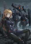  1girl armored_bodysuit assault_rifle black_bodysuit blonde_hair blue_eyes bodysuit breasts commentary_request covered_navel covered_nipples fortified_suit gun headgear highres impossible_bodysuit impossible_clothes kurione_(zassou) looking_at_viewer low_ponytail mecha medium_breasts muv-luv muv-luv_alternative night original rifle robot rubble ruins schwarzesmarken serious shield shiny_clothes sitting sky solo star_(sky) starry_sky weapon 