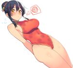  1girl alternate_costume alternate_hairstyle arms_behind_back black_hair blush breasts covered_navel hair_between_eyes hair_bun highleg highleg_swimsuit highres kantai_collection large_breasts looking_at_viewer one-piece_swimsuit orange_eyes oyashio_(kancolle) red_one-piece_swimsuit simple_background single_hair_bun solo spoken_squiggle squiggle swimsuit taketora_suzume white_background 