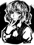  ascot bangs closed_mouth collared_shirt commentary_request eyelashes finger_to_mouth graphite_(medium) greyscale hand_up highres kazami_yuuka looking_at_viewer medium_hair mizukiri_fuurai monochrome plaid plaid_vest shirt smile solo touhou traditional_media upper_body vest wing_collar 