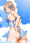  1girl ass blue_eyes breasts brown_hair cloud competition_swimsuit highres looking_at_viewer love_live! love_live!_sunshine!! mikan_ame_q one-piece_swimsuit short_hair solo swimsuit thighs watanabe_you water 