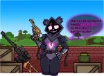 ammo_box ammunition anthro armor belt belt_buckle bodily_fluids breasts brick_wall claws clothing crate darli_buni dialogue digital_media_(artwork) epic_games eyebrows female fortnite fur gauntlets genital_fluids genitals gloves grass gun hand_on_hip handgun handwear holding_gun holding_object holding_weapon hood looking_at_viewer nature nature_background plant purple_text_border pussy raised_eyebrows ranged_weapon raven_team_leader revolver rifle sky sniper_rifle solo speech_bubble standing text tongue tongue_out translucent_speech_bubble tree trigger_discipline vaginal_fluids vss_vintorez wall_(structure) weapon