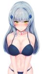  bangs bare_arms bare_shoulders bikini blue_bikini blunt_bangs blush breasts choker cleavage closed_mouth commentary_request cowboy_shot eyebrows_visible_through_hair facepaint girls_frontline green_eyes hair_ornament highres hk416_(girls_frontline) jewelry long_hair looking_at_viewer medium_breasts navel painteen pendant shiny shiny_skin sidelocks silver_hair simple_background solo stomach swimsuit teardrop white_background 