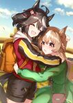  2girls absurdres animal_ears bag breasts brown_eyes brown_hair casual closed_eyes cloud commentary_request fence hair_between_eyes hair_ornament highres horse_ears horse_girl hug jacket kitasan_black_(umamusume) multiple_girls open_mouth satono_diamond_(umamusume) shorts sky sunny_(20597521) sweat umamusume 