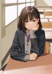  1girl brown_eyes brown_hair buttoned_cuffs buttons cardigan chair classroom closed_mouth day desk diagonal-striped_clothes diagonal-striped_necktie grey_cardigan grey_jacket hair_behind_ear hand_up head_rest indoors jacket lapels light_blush long_sleeves looking_at_viewer loose_necktie mattaku_mousuke medium_hair necktie notched_lapels on_chair open_clothes open_jacket original red_necktie school_uniform sitting smile solo straight_hair striped_clothes twitter_username upper_body watermark 