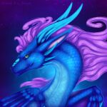 ambiguous_gender blue_body blue_horn blue_scales blue_wings dragon fantasy feral flowing_mane green_eyes headshot_portrait horn mane night oksara_(character) portrait purple_mane scales selianth sky solo star starry_sky wings