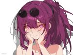  1girl bare_shoulders blush commentary drop_shadow eyewear_on_head highres honkai:_star_rail honkai_(series) kafka_(honkai:_star_rail) kili_kilio long_hair looking_at_viewer nose_blush ponytail portrait purple_eyes purple_hair solo sunglasses white_background 