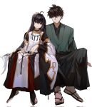  1boy 1other ahoge androgynous black_hair black_hakama blue_eyes blue_kimono detached_sleeves fate/grand_order fate/samurai_remnant fate_(series) hair_down hair_intakes hakama hand_on_another&#039;s_head highres japanese_clothes jewelry jiang_(bolidididi) katana kimono long_hair miyamoto_iori_(fate) necklace partially_toeless_legwear red_eyes sidelocks sitting sword topknot very_long_hair waraji weapon white_background yamato_takeru_(fate) yamato_takeru_(third_ascension)_(fate) 