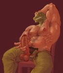 2024 alligatorid animal_head animal_humanoid arm_hair armpit_hair balls barazoku bared_teeth big_muscles big_penis body_hair bottomwear caiman chair chest_hair clothed clothing crocodilian dorohedoro erection for_a_head furniture genitals hairy hairy_balls humanoid humanoid_genitalia humanoid_penis kaiman_(dorohedoro) lizard_humanoid looking_at_viewer male masedumpy muscular muscular_humanoid nipples on_chair open_bottomwear open_clothing open_pants pants pecs penis pinup pose pubes raised_arm reptile reptile_humanoid scalie scalie_humanoid serratus simple_background sitting sitting_on_chair solo topless topless_male vein veiny_penis