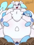 absurd_res belly big_belly big_breasts bodily_fluids breasts chillet cum cum_inflation dragon duo egg female genital_fluids hi_res huge_breasts impregnation inflation male male/female pal_(species) palworld pregnant quivern size_difference smile text tubfy