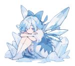  1girl asakura_maru blue_bow blue_dress blue_eyes blue_hair bow cirno detached_wings dress fairy hair_bow hugging_own_legs ice ice_wings legs_together looking_at_viewer messy_hair parted_lips shirt short_hair sitting snow socks touhou white_background white_shirt white_socks wings 