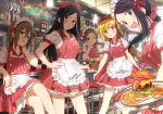  alternate_hairstyle apron arm_support bar bar_stool beer_tap black_hair blonde_hair blush bottle bow brown_eyes brown_hair commentary counter crossed_legs diner dress earrings enjin eyebrows_visible_through_hair flag food french_fries fujimoto_rina green_eyes grey_eyes ground_vehicle hair_bow hair_down hair_ribbon hamburger highres idolmaster idolmaster_cinderella_girls idolmaster_cinderella_girls_starlight_stage indoors jewelry kimura_natsuki long_hair looking_at_viewer maid_headdress matching_outfit matsunaga_ryou motor_vehicle motorcycle mukai_takumi multiple_girls neon_lights one_eye_closed onion_rings open_mouth plate ponytail record red_scrunchie ribbon road_sign scrunchie short_hair short_sleeves sign smile sonsoso stool striped striped_scrunchie tray vertical-striped_dress vertical_stripes waist_apron waitress yamato_aki 