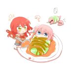  2girls ? blue_eyes blush bocchi_the_rock! bow bowtie brown_sweater cabbage chibi chibi_only food gotoh_hitori gotoh_hitori_(octopus) gotoh_hitori_(tsuchinoko) grey_skirt hair_between_eyes holding holding_ladle in_food kita_ikuyo ladle long_hair looking_at_another looking_at_viewer mini_person minigirl multiple_girls open_mouth pink_hair plate pleated_skirt rebecca_(keinelove) red_bow red_bowtie red_hair sailor_collar sauce simple_background skirt socks sweater white_background white_sailor_collar white_socks wrapped_up yellow_eyes 