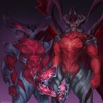 2_penises aatrox_(lol) absurd_res bodily_fluids cum cum_on_penis digital_drawing_(artwork) digital_media_(artwork) erection genital_fluids genitals glans hi_res horn league_of_legends male multi_genitalia multi_penis muscular muscular_male pecs penis red_body rhaast_(lol) riot_games simple_background standing wings wispsings