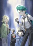  2boys 2girls black_coat black_eyes black_gloves black_hair black_necktie black_pants black_suit blonde_hair blue_dress blue_jacket closed_mouth coat collared_shirt dress earrings gloves green_coat green_hair hand_on_own_hip hassel_(pokemon) holding holding_poke_ball jacket jewelry larry_(pokemon) long_hair long_sleeves looking_at_viewer looking_back morisawa_machi multiple_boys multiple_girls necklace necktie open_clothes open_coat open_mouth pants poke_ball poke_ball_(basic) pokemon pokemon_sv ponytail poppy_(pokemon) red_eyes red_necktie rika_(pokemon) shirt short_hair suit suspenders visor_cap white_shirt yellow_eyes 