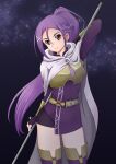  1girl absurdres arm_up arms_behind_head belt cloak commentary_request fingerless_gloves gloves hair_ornament highres holding holding_weapon long_hair long_sleeves mito_(sao) purple_hair red_eyes solo sword_art_online teto0315 weapon 