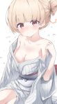  1girl absurdres bare_shoulders blonde_hair blue_archive blush breasts cleavage closed_mouth collarbone commentary_request hair_bun halo haru_haruru515 highres japanese_clothes kimono looking_at_viewer medium_breasts nodoka_(blue_archive) nodoka_(hot_spring)_(blue_archive) obi official_alternate_costume orange_halo red_eyes sash short_hair single_hair_bun smile solo striped_clothes striped_kimono sweat thighs vertical-striped_clothes vertical-striped_kimono white_kimono 