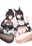  2girls atago_(azur_lane) atago_(stunning_speedster)_(azur_lane) azur_lane bare_shoulders bikini black_bikini black_hair bodystocking bow breasts chuer_722 cleavage cleavage_cutout clothing_cutout elbow_gloves extra_ears gloves hair_ribbon highleg highleg_bikini highres large_breasts long_hair looking_at_viewer mole mole_under_eye multicolored_leotard multiple_girls official_alternate_costume ponytail race_queen ribbon siblings simple_background sisters sitting sleeve_cuffs stomach_cutout swimsuit takao_(azur_lane) takao_(full_throttle_charmer)_(azur_lane) two-tone_bikini two-tone_leotard white_background white_bow white_ribbon 