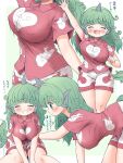  1girl arinu breasts collared_shirt commentary_request curly_hair green_background green_hair highres horns komano_aunn large_breasts multiple_views red_shirt see-through shirt shorts simple_background single_horn touhou white_background white_shorts 