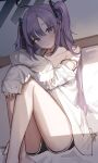  1girl absurdres ass bed black_shorts blue_archive blush collarbone halo highres long_hair looking_at_viewer mechanical_halo parted_lips pillow purple_eyes purple_hair seorang shirt shorts sitting sleeves_past_wrists solo two_side_up white_shirt yuuka_(blue_archive) 