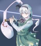  1girl black_hairband ghost gradient_background green_eyes green_skirt green_vest grey_background grey_hair hairband highres holding holding_sword holding_weapon kanaria_(bocmn) konpaku_youmu konpaku_youmu_(ghost) long_sleeves looking_at_viewer shirt short_hair skirt solo sword touhou vest weapon white_shirt 