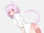  1girl absurdres ahoge animal_ear_fluff animal_ears bottomless breasts cat_ears cat_girl cat_tail highres hololive large_breasts looking_at_viewer medium_hair mingkozus naked_shirt nekomata_okayu nekomata_okayu_(oversized_shirt) official_alternate_costume open_clothes open_shirt purple_eyes purple_hair shirt short_hair simple_background solo tail virtual_youtuber 