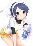  blue_eyes blue_hair blush bottle closed_mouth commentary_request eyebrows_visible_through_hair hair_ribbon hairband highres holding kadota_tsurugi leaning_forward looking_at_viewer love_live! love_live!_school_idol_festival ribbon sekina shirt short_sleeves shorts simple_background smile solo water_bottle white_background white_ribbon white_shirt yellow_shorts 