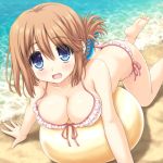  aoi_akua ass beach bikini blue_eyes blush breasts brown_hair butt_crack commentary_request folded_ponytail komaki_manaka large_breasts looking_at_viewer ocean sand solo swimsuit to_heart_2 water 